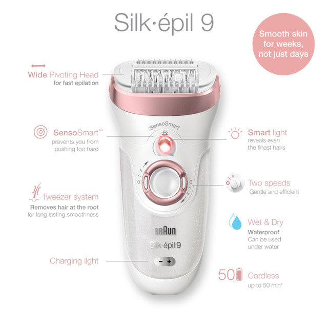 Braun Silk-épil 9 Epilator with 4 Extras Including Shaver Head and Trimmer Cap Rose Gold