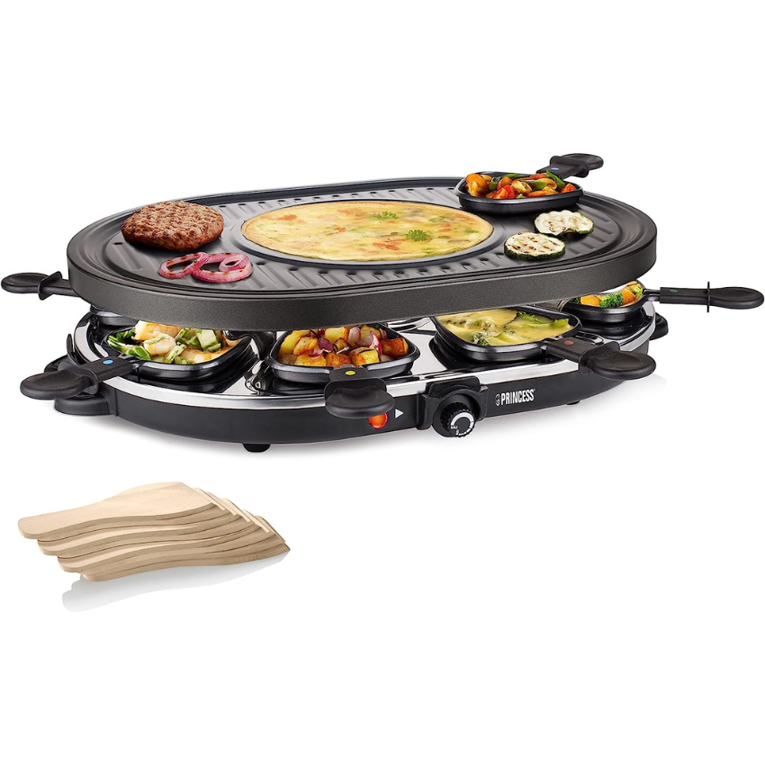 Princess 162700 Oval Grill Party – Raclette and Grill, With Part Specially Designed For Pancakes, 8 people