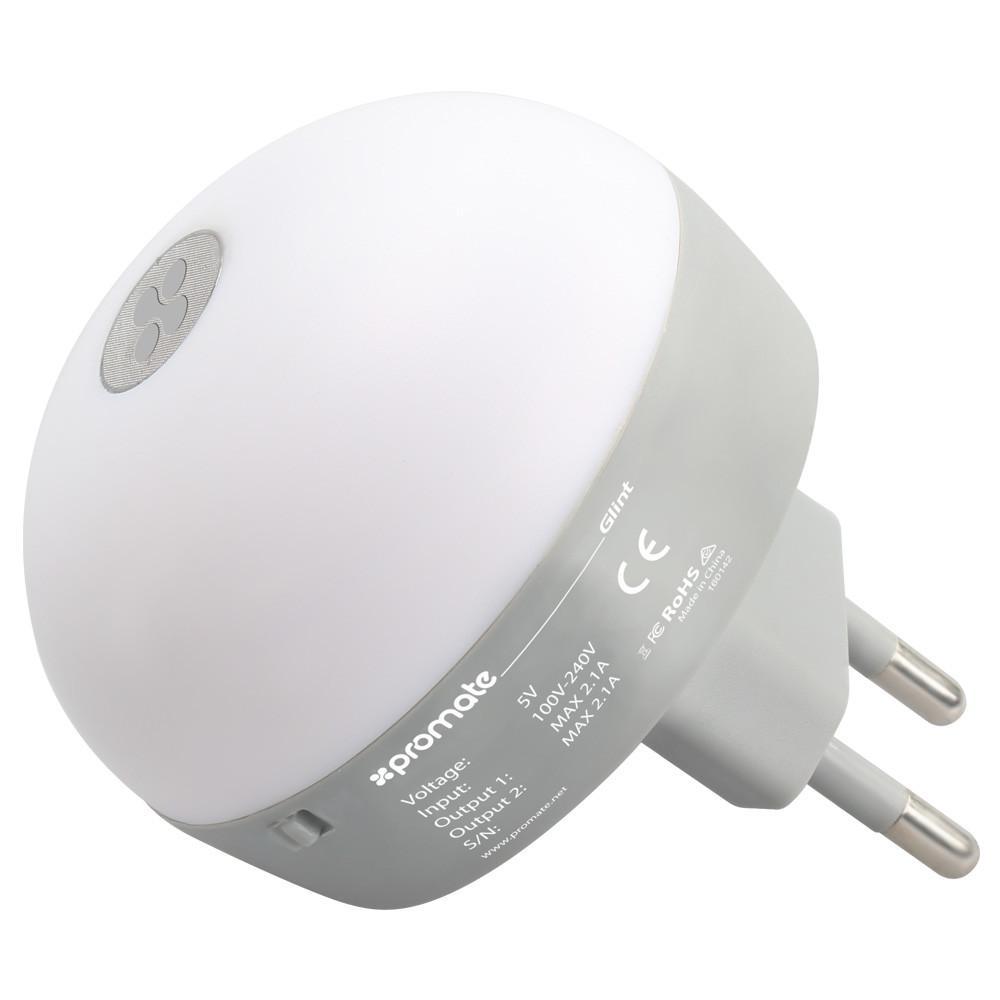 Promate Dual Port USB Wall Charger with Energy Efficient Night Light Glint